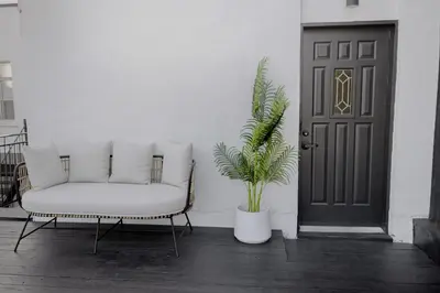 a white chair and a plant in front of a door at Studio #7 - Self Check-In - Plateau - St-Denis in Montréal