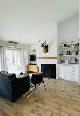 a living room with a couch and a fireplace at Escape Mont Orford in Magog-Orford