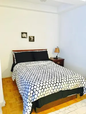 a bedroom with a bed with a black and white comforter at Stylish Montreal Apartment Comfortable Stay in the Golden Square Mile in Montréal