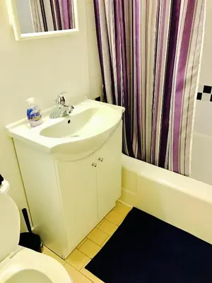 a bathroom with a sink and a shower curtain at Stylish Montreal Apartment Comfortable Stay in the Golden Square Mile in Montréal