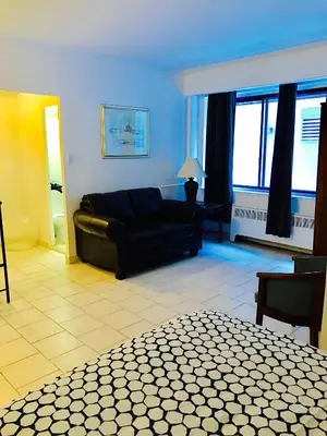 a living room with a black couch in a room at Stylish Montreal Apartment Comfortable Stay in the Golden Square Mile in Montréal