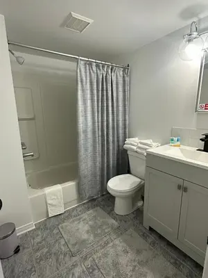 a bathroom with a toilet and a shower and a sink at Charmant appartement au sous-sol in Longueuil