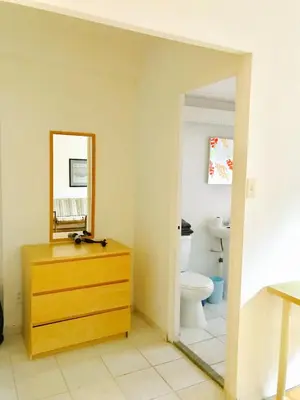 a bathroom with a sink and a toilet and a mirror at Stylish Montreal Apartment Comfortable Stay in the Golden Square Mile in Montréal