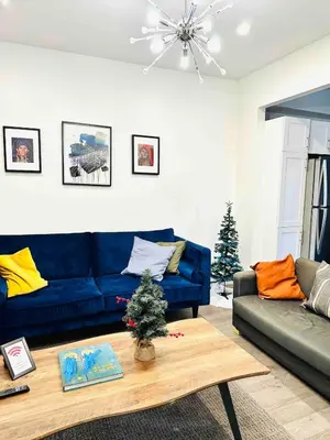 a living room with a blue couch and a christmas tree at Hochelaga 1 in Montréal