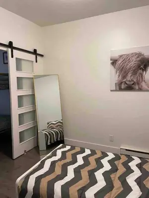 a bedroom with a bed and a mirror at Hochelaga 1 in Montréal