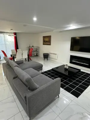 a living room with two couches and a tv at Rima in Montréal
