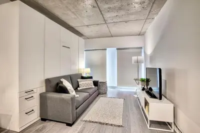 a living room with a couch and a tv at Welcome Chez Milou in Montréal