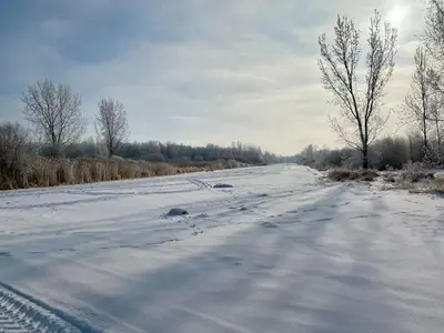 a road covered in snow with trees on the side at Chalet 3 - Domaine de l Archipel in Sorel