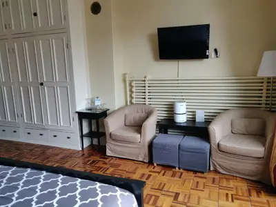 a living room with two chairs and a tv at Gingerbread Manor in Montréal