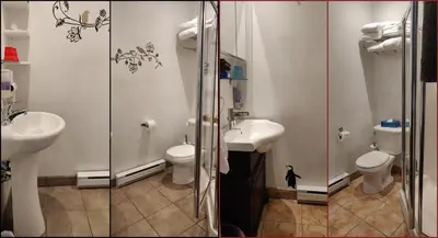 a bathroom with two toilets and a glass shower at Gingerbread Manor in Montréal