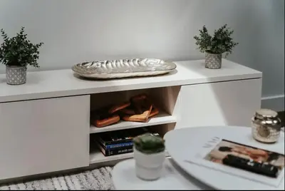 a white table with two potted plants and a plate on it at Stylish and bright 2bdr near St-Hubert Plaza in Montréal