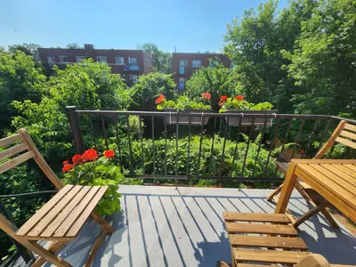 a balcony with two wooden chairs and a garden with red flowers at Large & bright 3 bedroom in MTL in Montréal