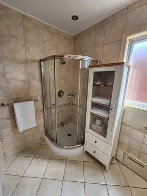 a bathroom with a shower and a toilet in it at Large & bright 3 bedroom in MTL in Montréal