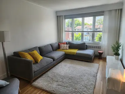 a living room with a gray couch and a window at Large & bright 3 bedroom in MTL in Montréal