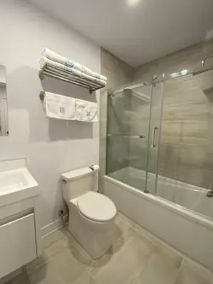 a bathroom with a toilet and a shower and a sink at Le Bijou Airhome in Montréal