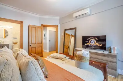 a living room with a couch and a tv at 3BDR Penthouse, Rooftop and BBQ in Crescent in Montréal