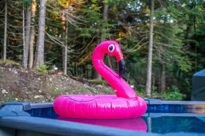 a pink flamingo float in a swimming pool at L'Étoile Brillante, Spa, River, Pool Table in La Patrie