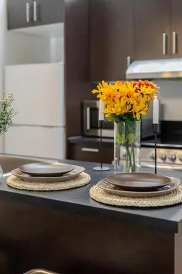 a kitchen with two plates and a vase of flowers at Cute Studio on Bishop - Hot Spot Dtown MTL in Montréal