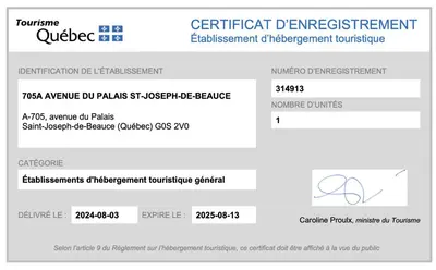 a screenshot of the credentials page of a certificate department website at Propre Confortable Près des services in Saint-Joseph-de-Beauce