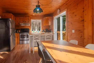 a kitchen with wooden walls and a table with chairs at Vacances Magiques Chalet Skadi Paix Nature in Saint-Justin