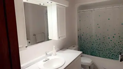 a white bathroom with a sink and a shower at Private bedroom in Montréal