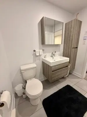 a bathroom with a toilet and a sink and a mirror at Confort & Harmonie in Longueuil