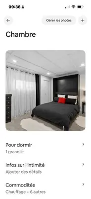 a bedroom with a black bed with a red pillow at Le nid des hirondelles in Windsor