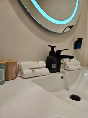 a bathroom with a sink and a mirror and towels at Spacious two stories condo in old port free parking in Montréal