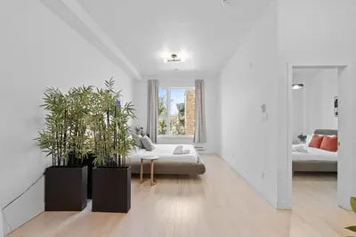 a white living room with a couch and two potted plants at New Modern 2bdr Apartment in Little Italy Unit 202 in Montréal