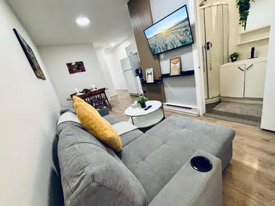 a living room with a gray couch and a flat screen tv at Luxe Living Stay in Montréal