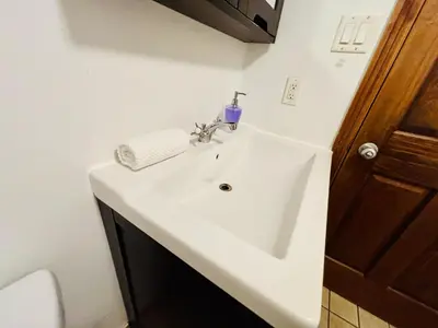 a white sink in a bathroom with a toilet at Freshly Renovated Stay in Montréal
