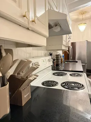 a kitchen with a stove and a counter top at Authentic Spacious 1BDR In Downtown Montreal in Montréal