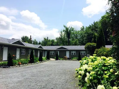 a row of houses with flowers in front of a driveway at Motel des Cèdres in Sherbrooke