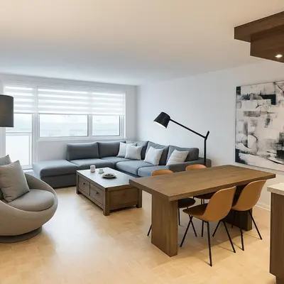 a living room with a couch and a table at Golden Mile Luxe Apartment in Montréal