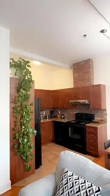 a kitchen with a black refrigerator at Spacious Condo with a Bright Interior in Montréal
