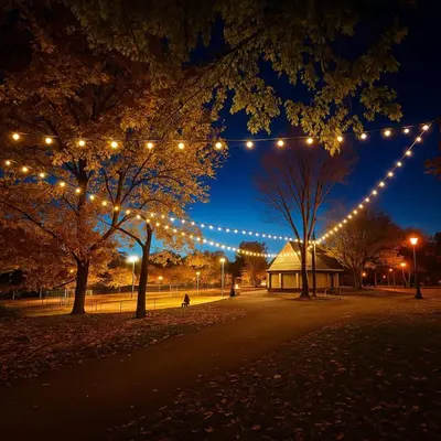 a park with christmas lights hanging from trees at night at Charming Vintage Home Park View Family-Ready in Montréal