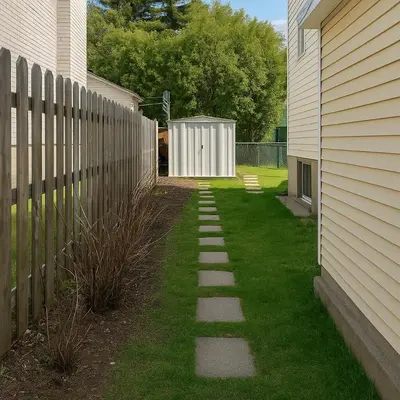 a garden with a fence and a walkway between two buildings at Chic 3BR Stay in Laval, Bright and Peaceful in Laval