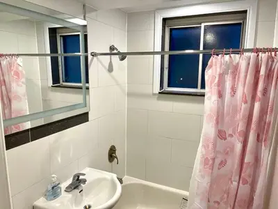a bathroom with a sink and a shower curtain at Bright Renovated 4BR, Heart of Côte-des-Neiges, Montreal in Montréal
