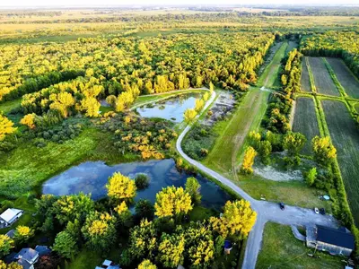 an aerial view of a park with a river and trees at Chalet 1 cuisine - Domaine de l'Archipel in Sorel