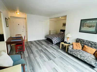 a living room with a couch and a bed at Stylish Montreal Apartment Comfortable Stay in the Golden Square Mile in Montréal