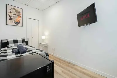 a living room with a couch and a tv on a wall at Room n5-Apartment 1 in a SHARED apartment in downtown Montreal in Montréal
