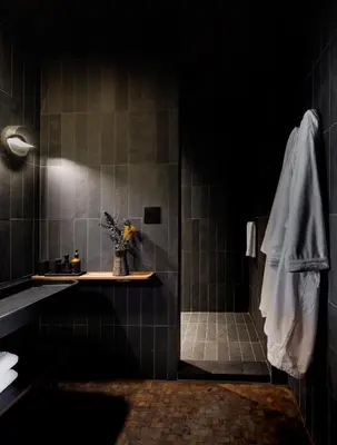 a bathroom with a shower with a sink and a toilet at Maison Grinder in Montréal