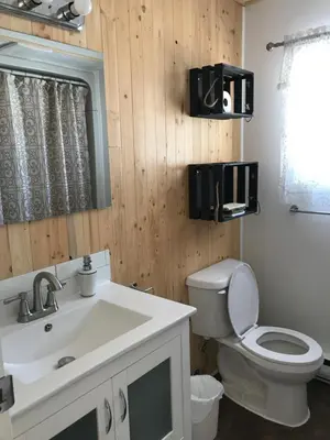 a bathroom with a white toilet and a sink at La détente in Disraeli