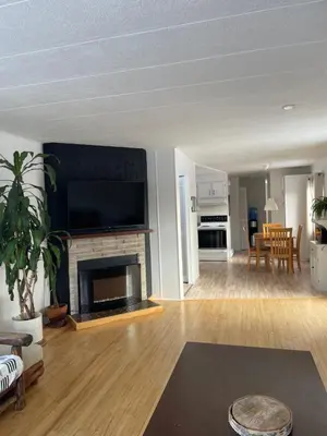 a living room with a fireplace with a flat screen tv at La détente in Disraeli