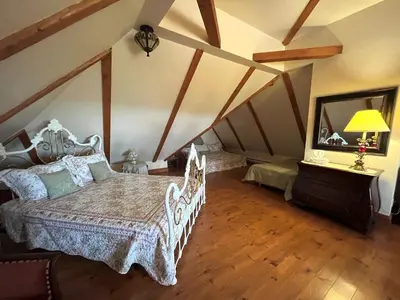 a bedroom with a bed and a large mirror at Gîte champêtre Chesham in Notre-Dame-Des-Bois