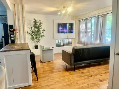 a living room with a black couch and a tv at Escapade Marie-Isabelle in Montréal