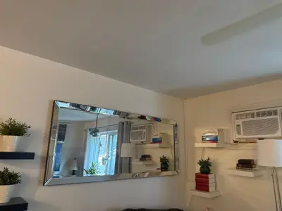 a mirror on a wall in a room with plants at la voyageuse in Longueuil