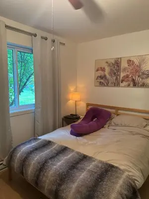 a bedroom with a bed with a purple pillow on it at la voyageuse in Longueuil