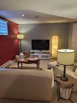 a living room with a couch and a tv at Chez Carole - Établissement d'hébergement de résidence principale sur la Rive-Sud de Montréal in Mercier