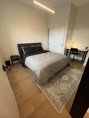 a bedroom with a large bed and a rug at Luxury apartment in Mont Royal in Montréal